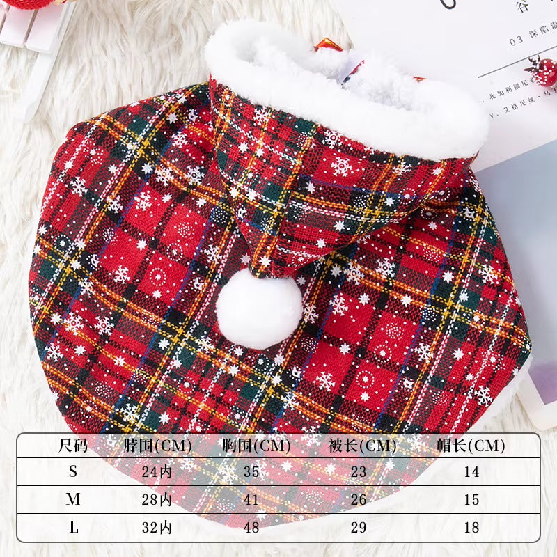 Christmas Plaid Cape with Hood for Cats, Dog Clothes Hooded Cloak for Teddy Small Breeds